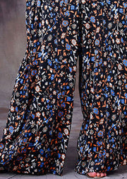 Plus Size Black Patchwork Print Pockets Silk Overalls Jumpsuit Two Pieces Set Summer