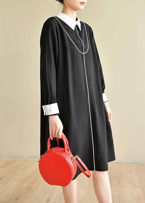 Plus Size Black Peter Pan Collar  Button Spring Long Dresses - SooLinen