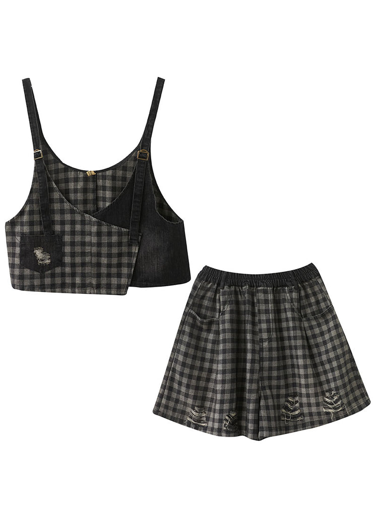 Plus Size Black Plaid Patchwork Fall Two Piece Set Women Clothing