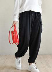 Plus Size Black Pockets Chiffon Pants - SooLinen