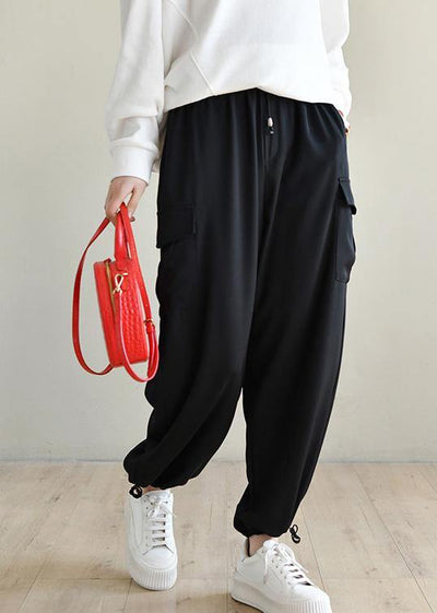 Plus Size Black Pockets Chiffon Pants - SooLinen