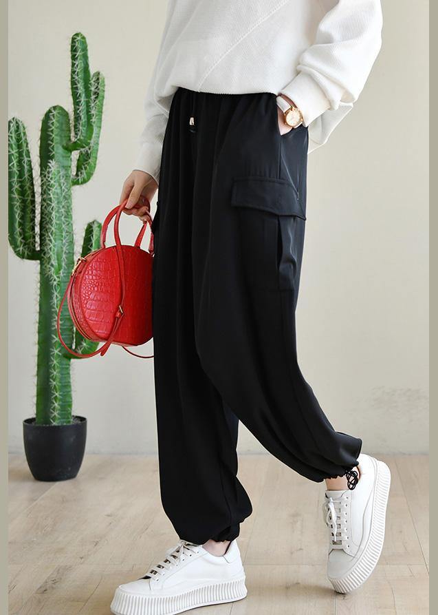 Plus Size Black Pockets Chiffon Pants - SooLinen