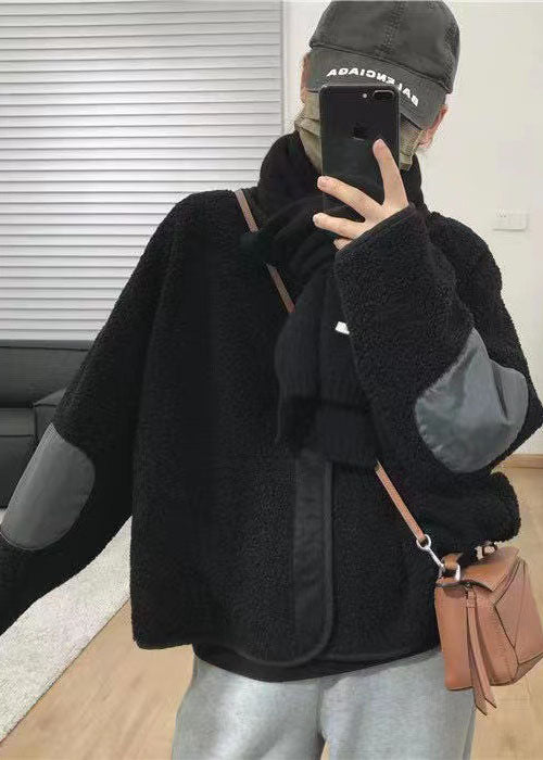 Plus Size Schwarze Taschen Patchwork Kunstpelzmäntel Frühling