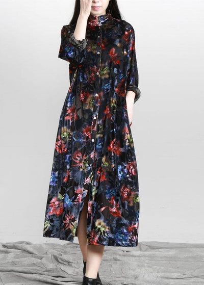 Plus Size Black Print Button Pockets Vacation Dresses Fall - SooLinen