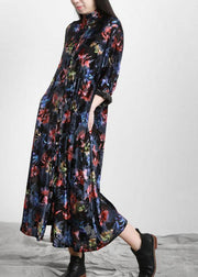 Plus Size Black Print Button Pockets Vacation Dresses Fall - SooLinen
