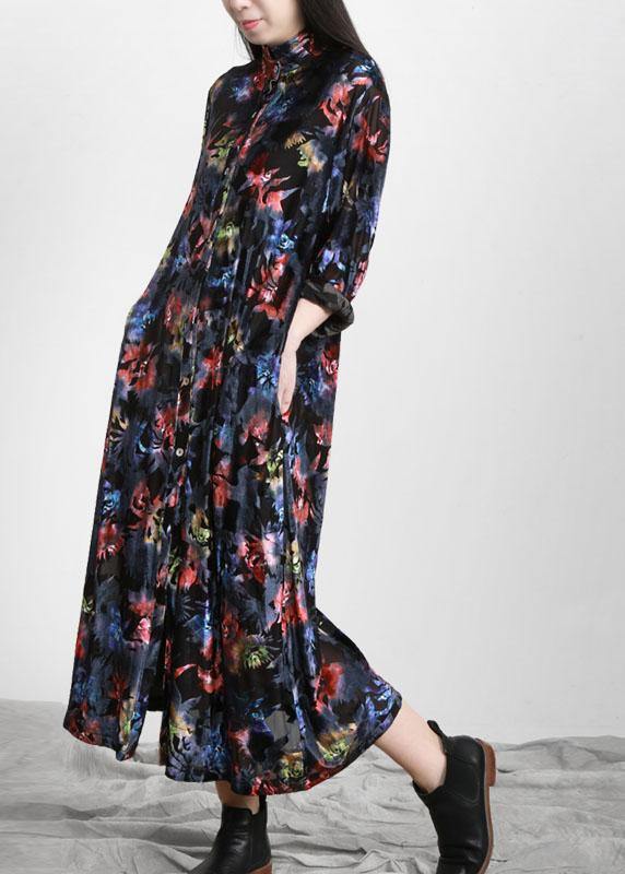 Plus Size Black Print Button Pockets Vacation Dresses Fall - SooLinen