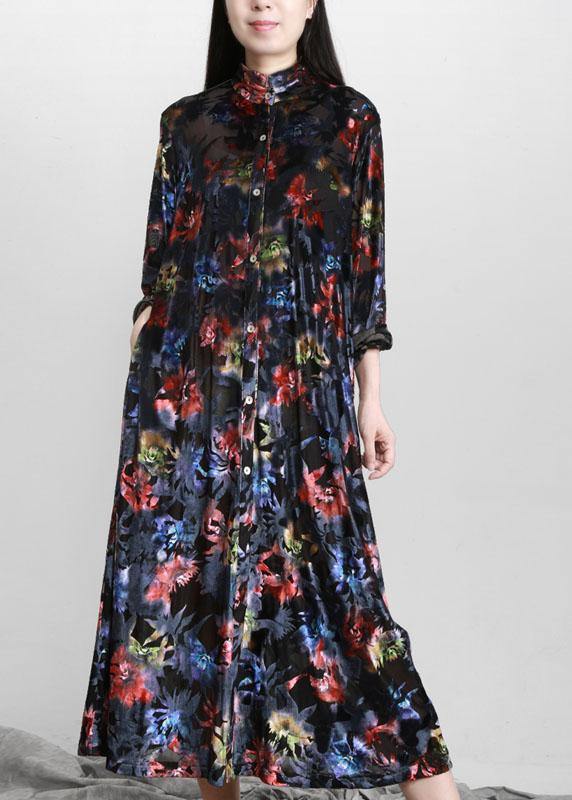 Plus Size Black Print Button Pockets Vacation Dresses Fall - SooLinen