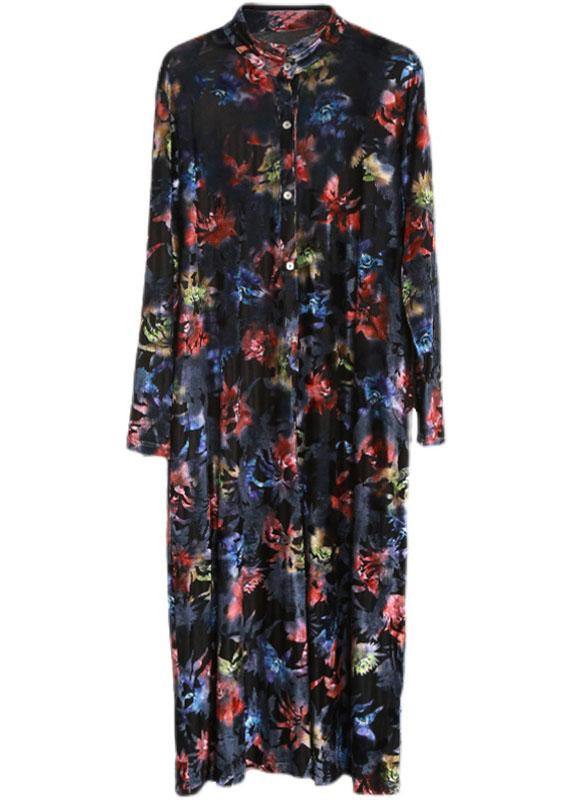 Plus Size Black Print Button Pockets Vacation Dresses Fall - SooLinen