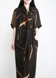 Plus Size Black Print Tencel Asymmetric Dress - SooLinen