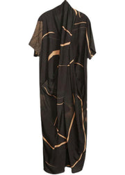 Plus Size Black Print Tencel Asymmetric Dress - SooLinen