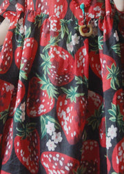 Plus Size Black Print strawberry High Waist Long Dresses Summer Linen - SooLinen