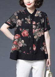 Plus Size Black Stand Collar Button wrinkled Print Chiffon Shirts Short Sleeve