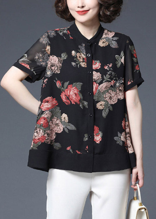 Plus Size Black Stand Collar Button wrinkled Print Chiffon Shirts Short Sleeve