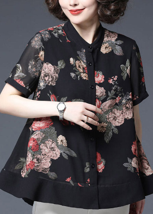 Plus Size Black Stand Collar Button wrinkled Print Chiffon Shirts Short Sleeve
