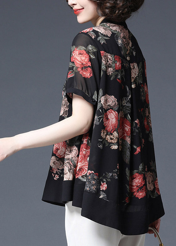 Plus Size Black Stand Collar Button wrinkled Print Chiffon Shirts Short Sleeve