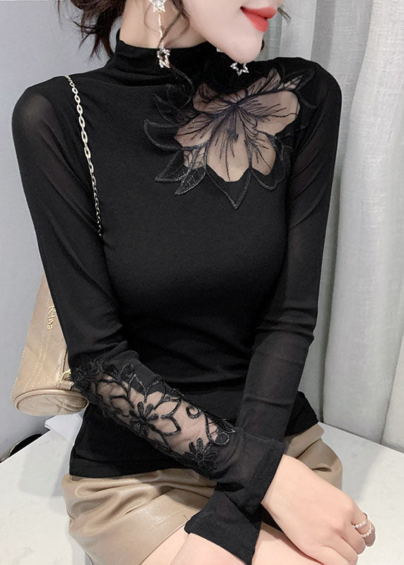Plus Size Schwarz Stehkragen Tüll Patchwork-Tops Frühling