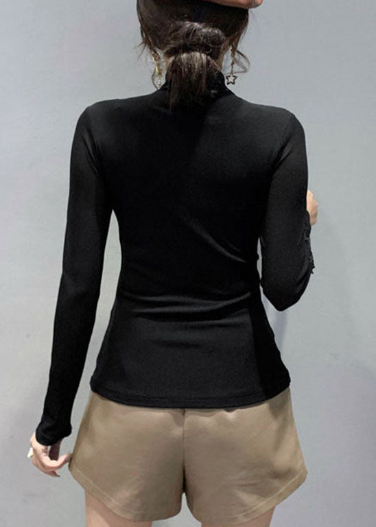Plus Size Schwarz Stehkragen Tüll Patchwork-Tops Frühling