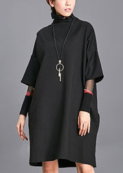 Plus Size Schwarzer Rollkragen-Taschen Herbst Maxikleid mit halben Ärmeln