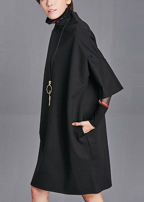 Plus Size Schwarzer Rollkragen-Taschen Herbst Maxikleid mit halben Ärmeln