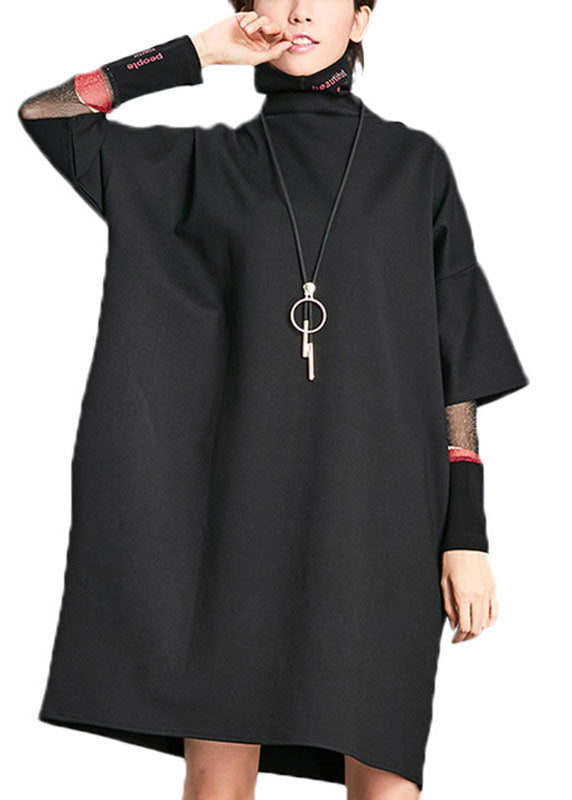 Plus Size Schwarzer Rollkragen-Taschen Herbst Maxikleid mit halben Ärmeln