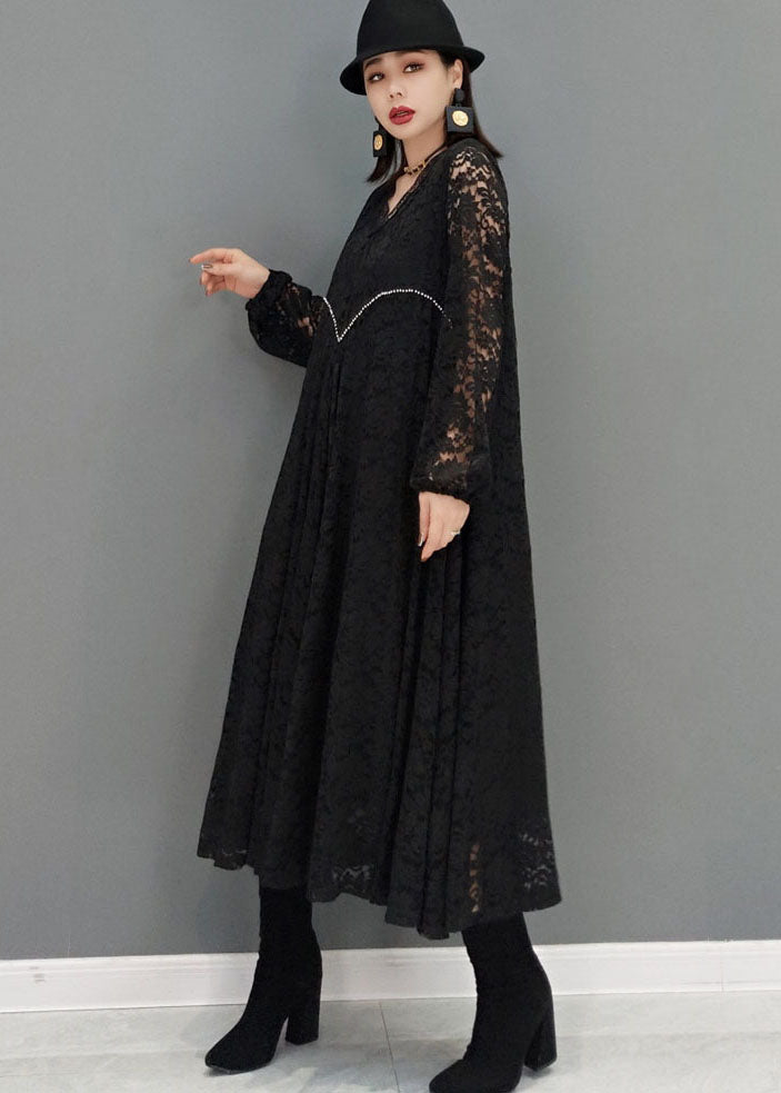Plus Size Schwarz V-Ausschnitt aushöhlen Spitzenkleider Frühling
