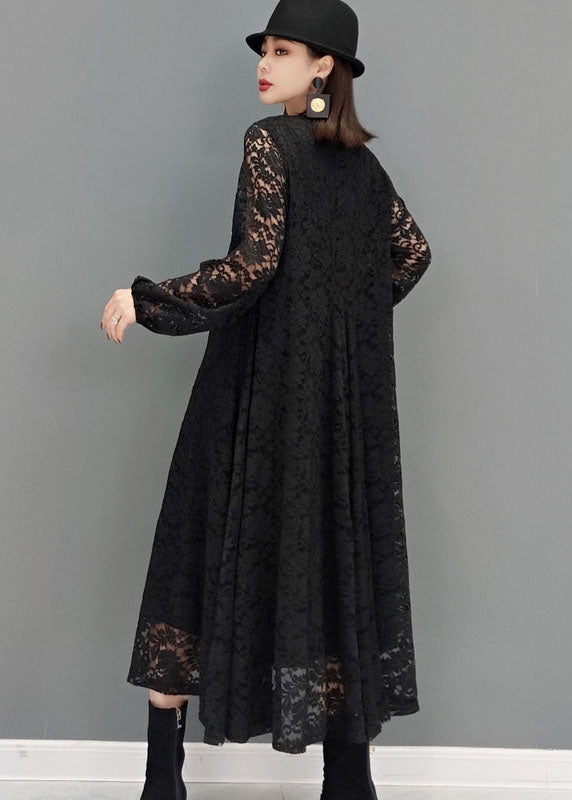 Plus Size Schwarz V-Ausschnitt aushöhlen Spitzenkleider Frühling