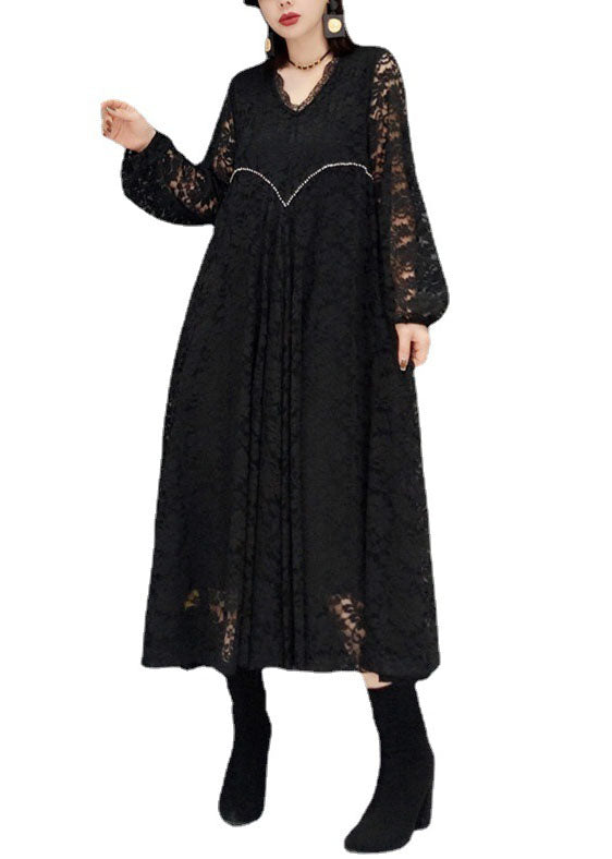 Plus Size Schwarz V-Ausschnitt aushöhlen Spitzenkleider Frühling