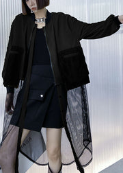 Plus Size Schwarz Taschen mit Reißverschluss Tüll Patchwork Herbst Langarm Trenchcoat