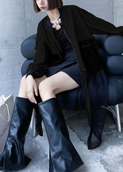 Plus Size Schwarz Taschen mit Reißverschluss Tüll Patchwork Herbst Langarm Trenchcoat