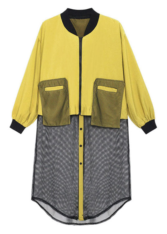 Plus Size Schwarz Taschen mit Reißverschluss Tüll Patchwork Herbst Langarm Trenchcoat