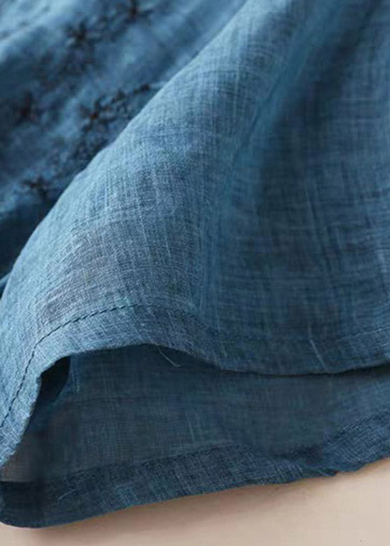 Plus Size Blau O-Ausschnitt besticktes Baumwollkleid mit kurzen Ärmeln
