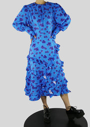 Plus Size Blue O-Neck tie waist Ruffled print Dress Spring