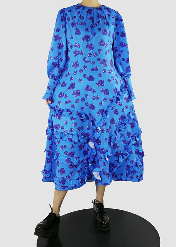 Plus Size Blue O-Neck tie waist Ruffled print Dress Spring