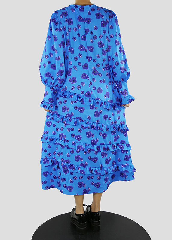 Plus Size Blue O-Neck tie waist Ruffled print Dress Spring