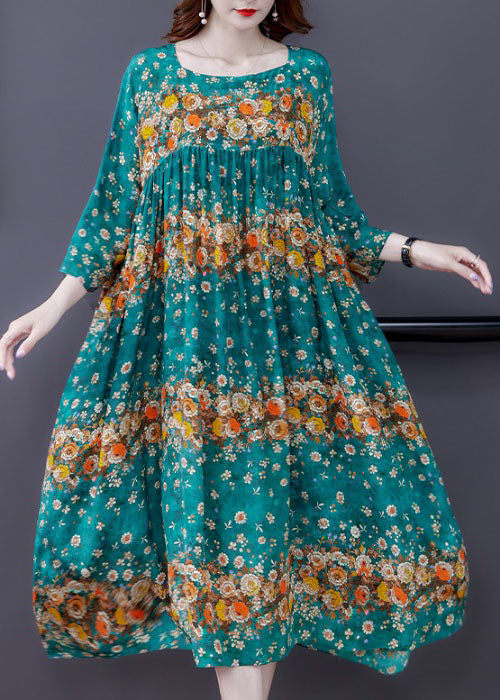 Plus Size Blue Patchwork Print Seidenkleid Frühling