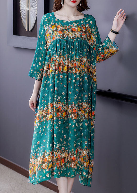 Plus Size Blue Patchwork Print Seidenkleid Frühling