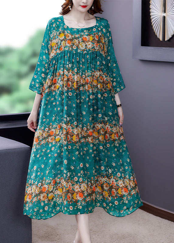 Plus Size Blue Patchwork Print Seidenkleid Frühling