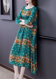 Plus Size Blue Patchwork Print Seidenkleid Frühling