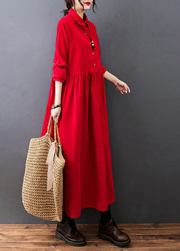Plus Size Blue Peter Pan Collar wrinkled Corduroy Vacation Dresses Long Sleeve