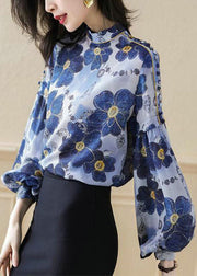 Plus Size Blue Stand Collar button print Silk Shirt Top Spring