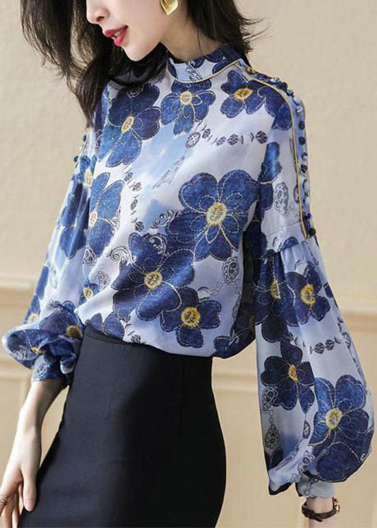 Plus Size Blue Stand Collar button print Silk Shirt Top Spring