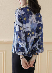 Plus Size Blue Stand Collar button print Silk Shirt Top Spring