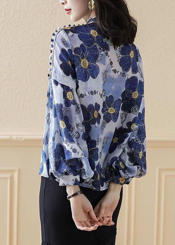 Plus Size Blue Stand Collar button print Silk Shirt Top Spring