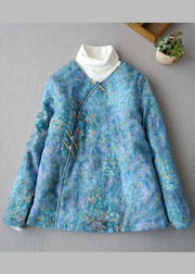 Plus Size Blauer Knopf V-Ausschnitt Print Feine Baumwolle Gefüllte Mäntel Winter