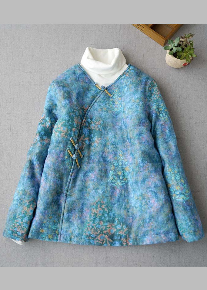 Plus Size Blauer Knopf V-Ausschnitt Print Feine Baumwolle Gefüllte Mäntel Winter