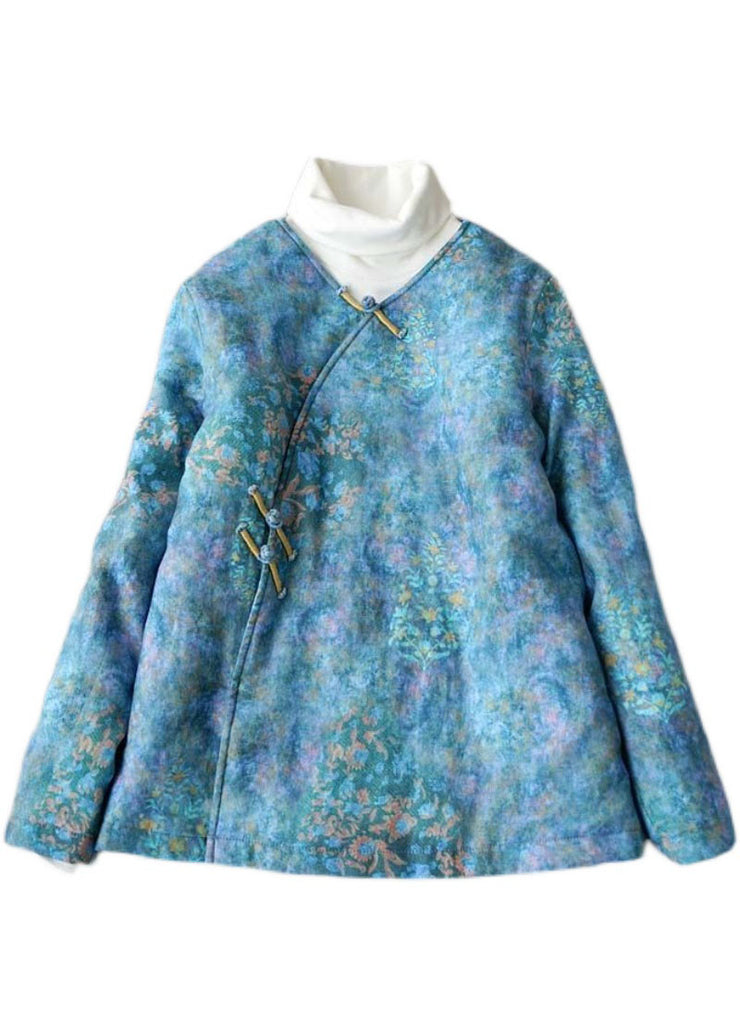 Plus Size Blauer Knopf V-Ausschnitt Print Feine Baumwolle Gefüllte Mäntel Winter