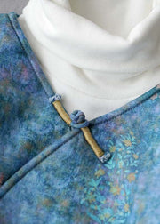 Plus Size Blauer Knopf V-Ausschnitt Print Feine Baumwolle Gefüllte Mäntel Winter