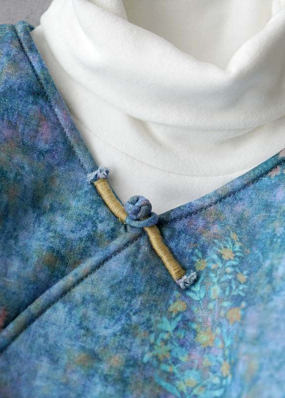 Plus Size Blauer Knopf V-Ausschnitt Print Feine Baumwolle Gefüllte Mäntel Winter