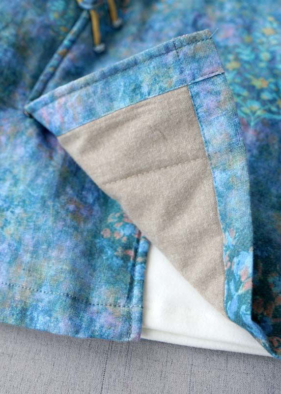 Plus Size Blauer Knopf V-Ausschnitt Print Feine Baumwolle Gefüllte Mäntel Winter