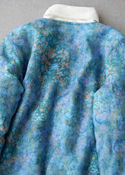 Plus Size Blauer Knopf V-Ausschnitt Print Feine Baumwolle Gefüllte Mäntel Winter